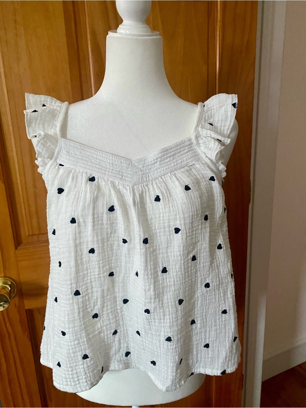 Rachel Zoe White Black Heart Embroidered Cotton Gauze Ruffle Tank Top S